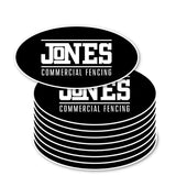 Oval shaped stickers printed with local fencing company branding